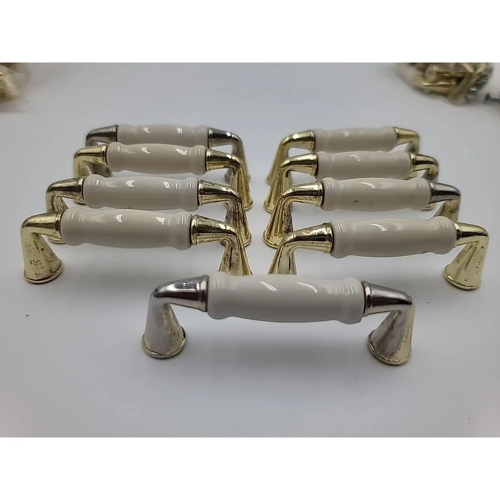 VTG‎ 9pc Brass Beige Ceramic Cabinet Handles Drawer Pulls 3